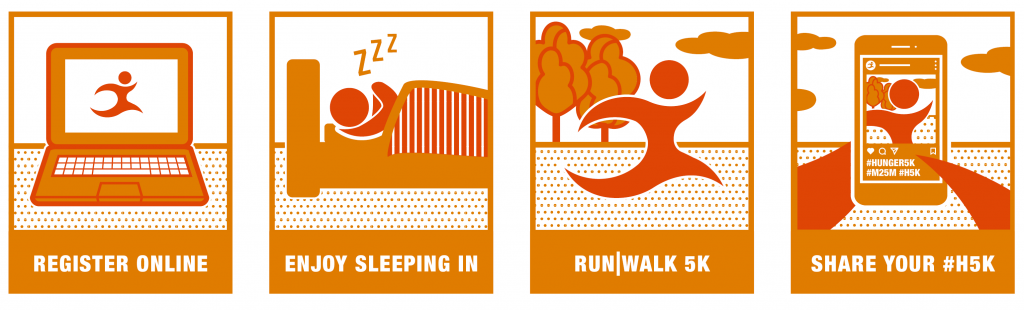 Register online. Enjoy sleeping in. Run/walk 5K. Share your #H5K.